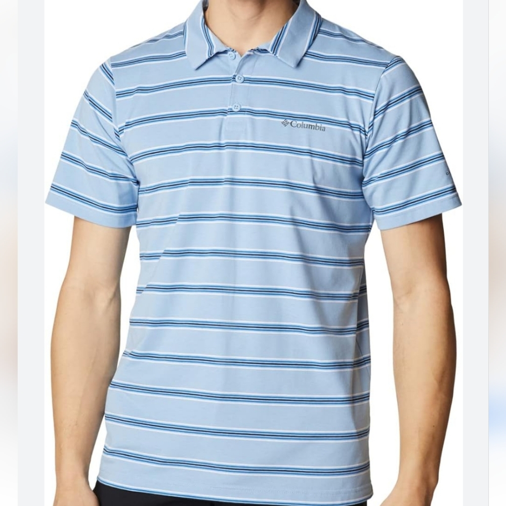 Columbia Mens Polo Shirt Size Small Blue Striped Wicking Short Sleeve NEW